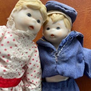 Pair Of Bisque Dolls Boy Girl Sailor Suit Polka Dot Dress Vintage 5” Read